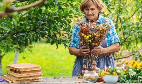 Medicinal herbs alternative medicine old woman. Selective focus. Nature.