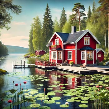 Red wooden house on a lake in Sweden, surrounded by green nature, water lilies and trees, reflects Scandinavian tranquility, harmony and rural idyll.
