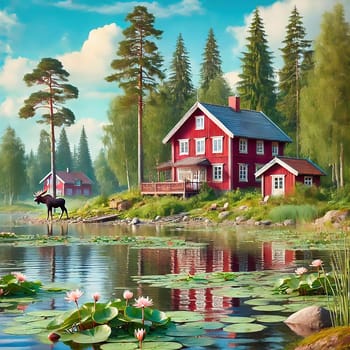 A red wooden house on a lake in Sweden, with a moose standing in the lake, surrounded by green nature, water lilies and trees, reflects Scandinavian tranquility, harmony and rural idyll.