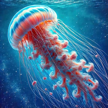 Glowing jellyfish in deep blue water, surrounded by delicate tentacles and shimmering light reflections, symbolizes the beauty and mysticism of the underwater world.