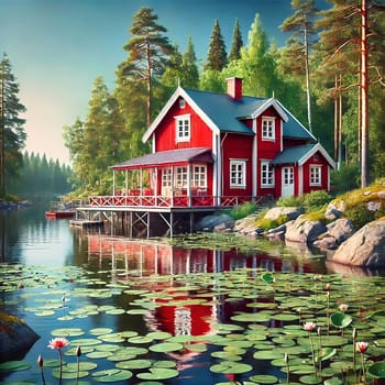 Red wooden house on a lake in Sweden, surrounded by green nature, water lilies and trees, reflects Scandinavian tranquility, harmony and rural idyll.