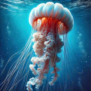 Glowing jellyfish in deep blue water, surrounded by delicate tentacles and shimmering light reflections, symbolizes the beauty and mysticism of the underwater world.