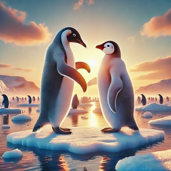 Two penguins, wing to wing, on an ice floe form a heart with their wings, surrounded by melting ice and a breathtaking sunset in the polar landscape.