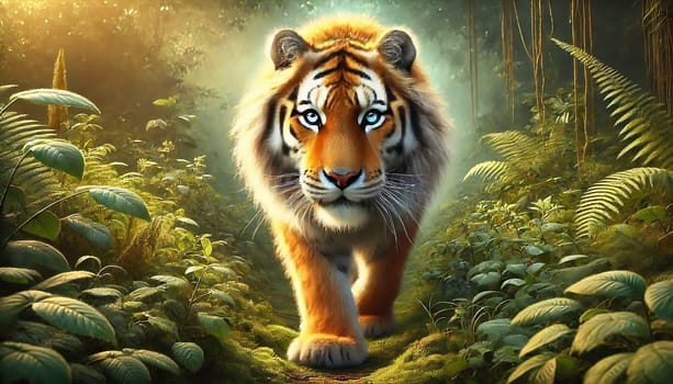 A majestic tiger strides through a dense, green jungle, surrounded by lush vegetation and mystical light that permeates the scene.