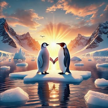 Two penguins, wing to wing, on an ice floe form a heart with their wings, surrounded by melting ice and a breathtaking sunset in the polar landscape.