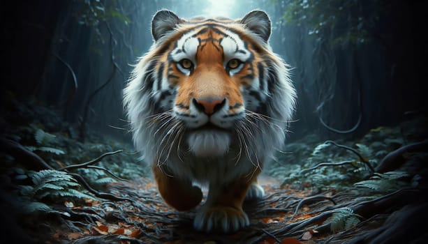 A majestic tiger strides through a dense, green jungle, surrounded by lush vegetation and mystical light that permeates the scene.