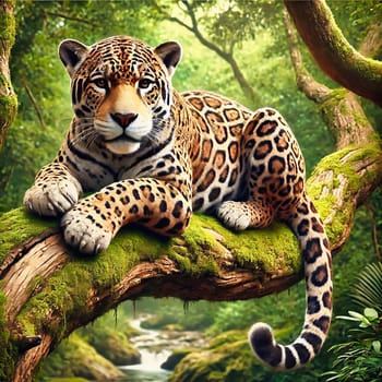A majestic jaguar rests on a moss-covered branch in the dense, green rainforest. A perfect depiction of wilderness, nature and tropical beauty.