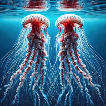 Glowing jellyfish in deep blue water, surrounded by delicate tentacles and shimmering light reflections, symbolizes the beauty and mysticism of the underwater world.