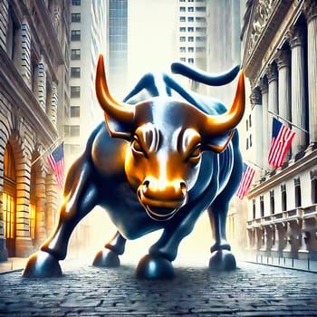 An imposing bull in the middle of an urban street scene, flanked by skyscrapers and American flags, symbolizes strength and financial power.