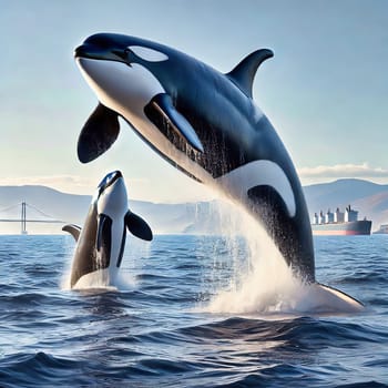 A majestic orca leaps powerfully out of the water, surrounded by a peaceful seascape with mountains in the background under a clear sky.
