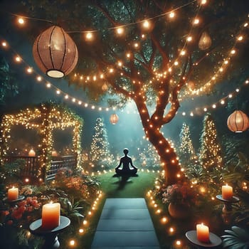 Fairy lights in the garden with a person meditating. Lights twinkle from trees, bushes and the meadow. Romantic evening atmosphere