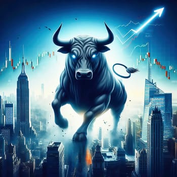 An imposing bull in the middle symbolizes strength and financial power. Banks and the stock exchange