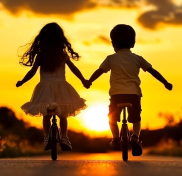 Silhouetted children holding hands and riding unicycles on a country road at sunset