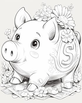 Coloring book for kids, coloring animals and birds, pig, piggy bank