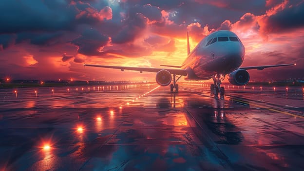 An airplane is positioned on the runway at dusk, surrounded by a stunning sunset. The sky is vibrant with colors reflecting on the wet pavement, creating a serene atmosphere.