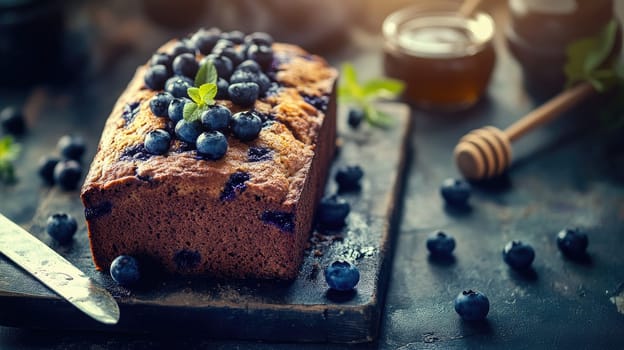 A delicious blueberry loaf topped with fresh berries and mint leaves sits on a dark wooden board. Honey drizzles nearby, creating a warm, inviting atmosphere perfect for a cozy setting.