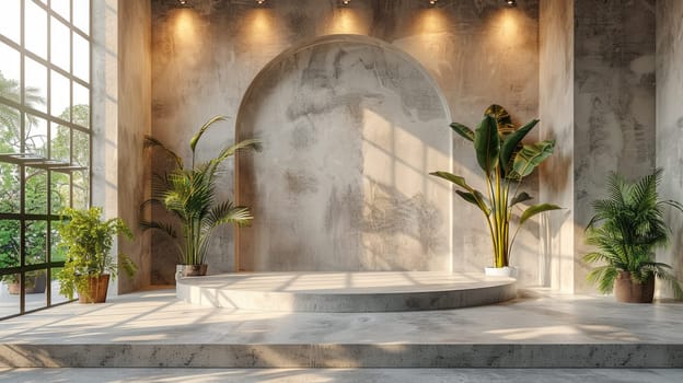This spacious indoor area showcases a minimalist stage surrounded by lush green plants. Sunlight streams through large windows, creating a serene atmosphere during the day.