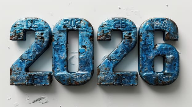 The year 2026 is represented by large, textured blue numbers. The metal surface shows signs of wear and peeling paint, creating an industrial aesthetic.