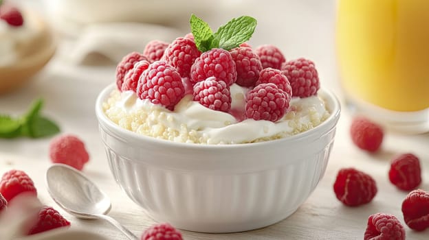 A creamy dessert is placed in a white bowl, generously topped with vibrant raspberries and a sprig of mint, inviting a fresh and delightful breakfast experience.