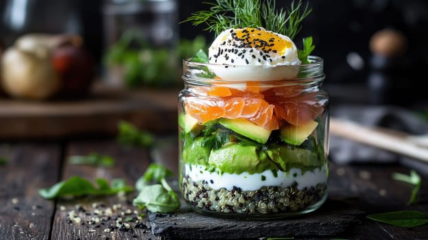 A vibrant salad jar features layers of quinoa, creamy avocado, smoked salmon, fresh greens, and a soft-boiled egg. This healthy dish is perfect for a nourishing meal.