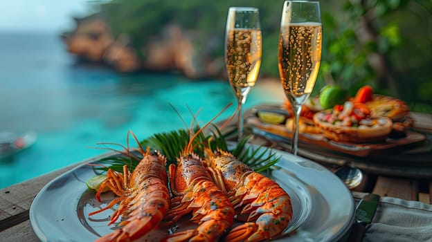 A beautiful plate of grilled lobsters is presented with two flutes of sparkling beverage on a wooden table overlooking the serene blue ocean. The setting is vibrant and inviting.