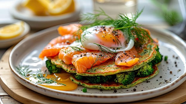 A vibrant dish featuring layers of vegetable pancakes topped with smoked salmon and a perfectly poached egg. Fresh herbs and lemon add flavor and color, creating a nutritious meal.