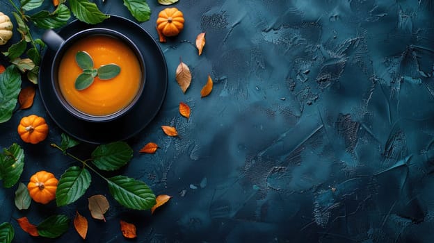 A cozy black cup filled with a warm orange drink sits on a dark textured surface surrounded by colorful leaves and small pumpkins, capturing the essence of autumn.