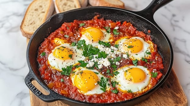 This dish features perfectly cooked eggs nestled in a flavorful tomato sauce, garnished with fresh herbs and served alongside slices of bread, showcasing a delicious breakfast option.