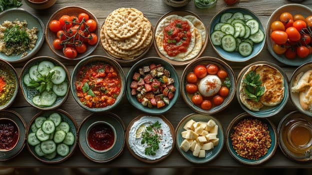 Various Mediterranean dishes are arranged on a wooden table, showcasing fresh ingredients like tomatoes, cucumbers, and herbs, ideal for sharing with family and friends.