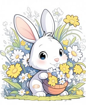 White rabbit with a basket of flowers. Selective focus.
