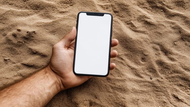 Close-up of hand holding smartphone with blank white screen on sandy beach, perfect for showcasing mobile app or website