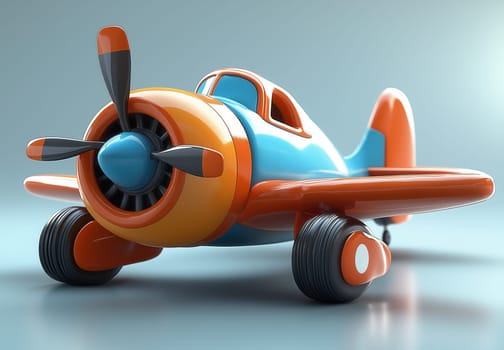 Cartoon 3D funny airplane on blue background. Selective focus.