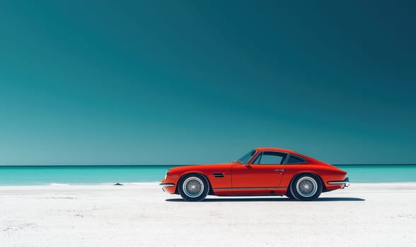 A car is standing on the white sand on the seashore. Selective focus.