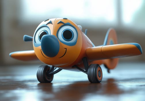 Cartoon 3D funny airplane on blurry background. Selective focus.