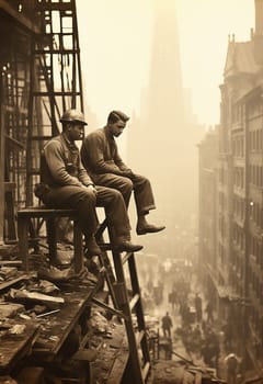Workers sit on a skyscraper construction site and look down on the city. Selective focus.