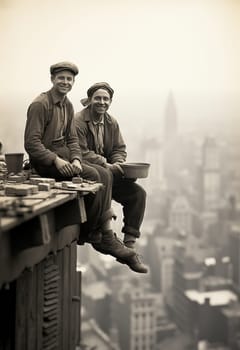 Workers sit on a skyscraper construction site and look down on the city. Selective focus.
