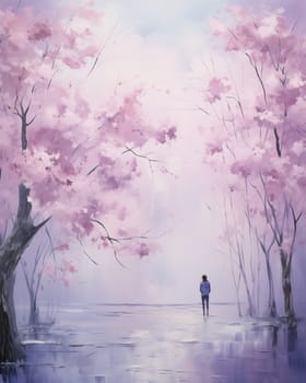 Abstract oil painting of a woman walking into the distance. Selective focus.