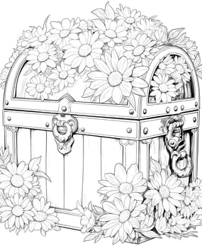 Coloring book for children and adults, chest with flowers