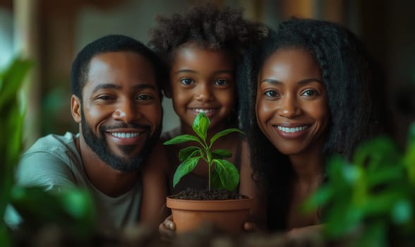 A friendly family is planting plants indoors. Selective focus.
