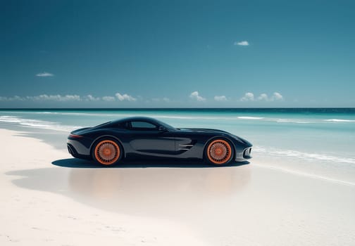 A car is standing on the white sand on the seashore. Selective focus.