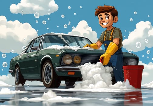 Illustration of a man washing a car on a sunny day. Selective focus.