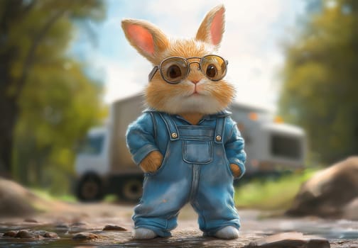A cartoon rabbit in denim overalls. Selective focus.