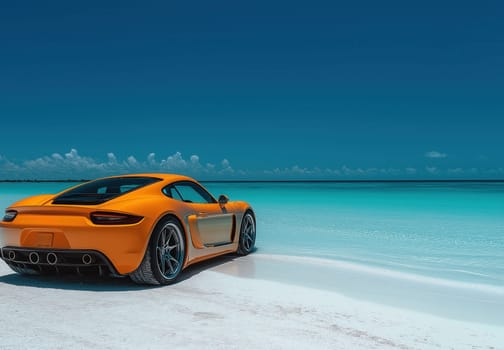 A car is standing on the white sand on the seashore. Selective focus.