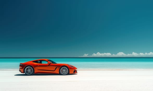 A car is standing on the white sand on the seashore. Selective focus.