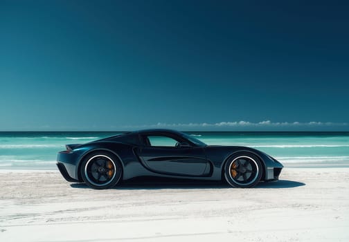 A car is standing on the white sand on the seashore. Selective focus.