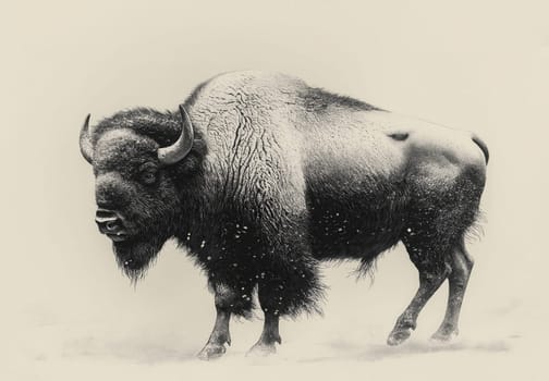 Majestic bison walking in the snow. Selective focus.