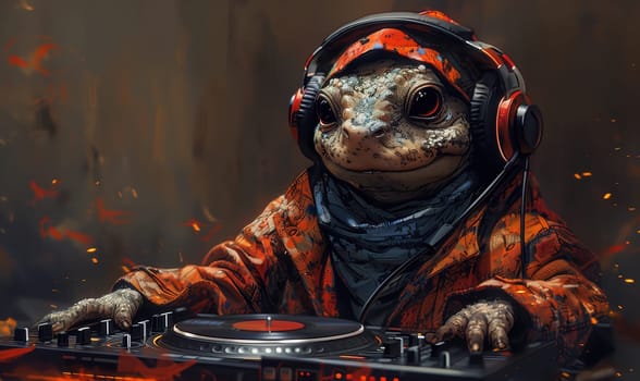 Serious lizard DJ in headphones. Selective focus.