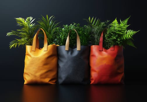 Bright bags with green plants on black background. Selective focus.