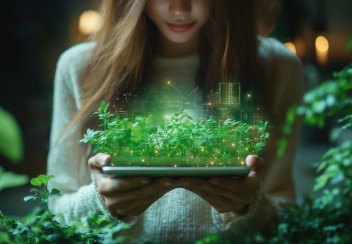 A woman is working on a virtual tablet, the concept of reducing CO2 emissions. Selective focus.