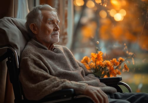 An elderly man sits in a wheelchair looking into the distance. Selective focus.
